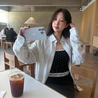 Shirred Stripe Button-Down Oversized Long-Sleeve Shirt