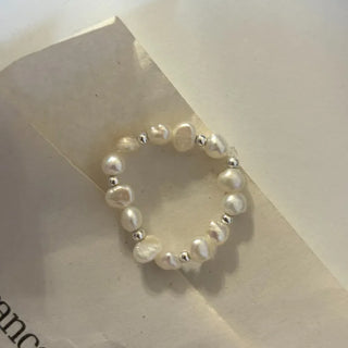 Natural Freshwater Pearl Silver Ball Layered Banding Ring Urethane Chain