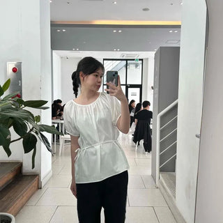 Shirred String Plain Cap Sleeve Loose Fit Blouse