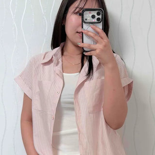 Striped Button-Down Loose Fit Short Sleeve Shirt