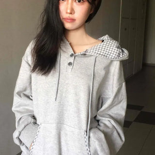 Plain Oversized Long Sleeve Hoodie with Contrast Buttons and Strings