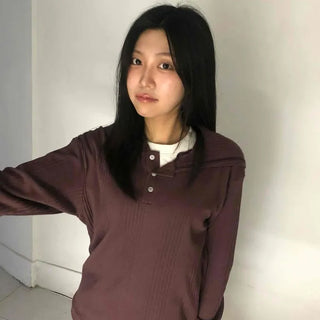 Button Plain Henley Neck Loose Fit Long Sleeve