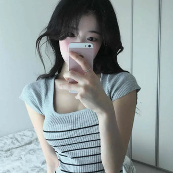 Slim-fit striped H-line short-sleeve long dress