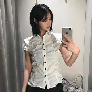 Slim Fit Plain Button-Down Short Sleeve Blouse