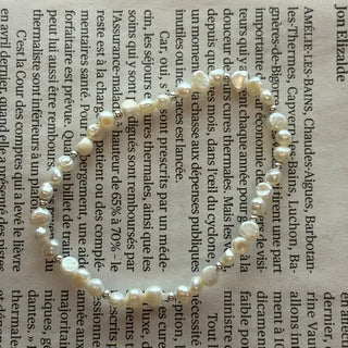 Natural Freshwater Pearl Silver Ball Layered Banding Bracelet Urethane Cord