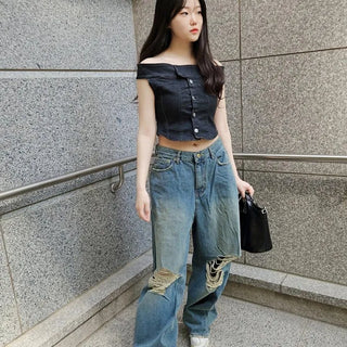 Washed Button Slit Wide Loose Fit Long Pants