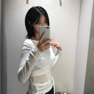 Slim Fit Shirred Wrap Plain Daily Long Sleeve T-shirt