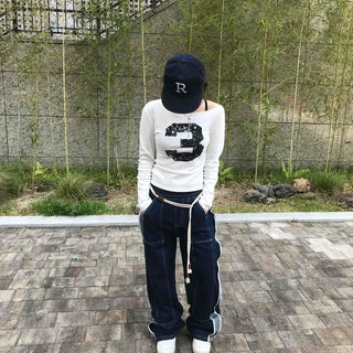 Washed Numbered Loose Fit Raglan Sleeve Daily Long Sleeve T-shirt