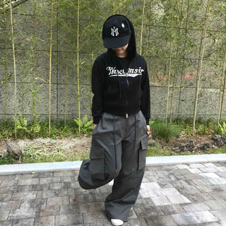 Lettering Full-Zip Loose Fit Long Sleeve Zip-Up Hoodie