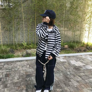 Zipper Stripe Loose Fit Long Sleeve Full Zip-Up
