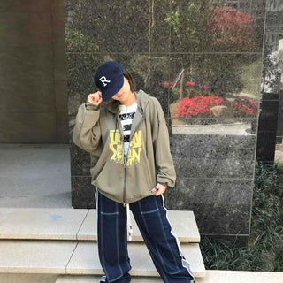 Lettering Full-Zip Hoodie Oversized Long-Sleeve Zip-Up