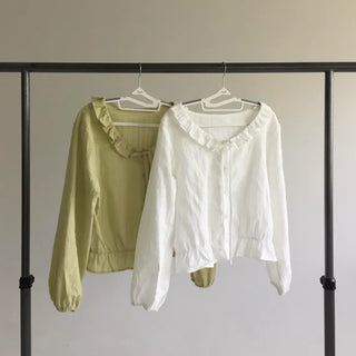 Lovely Crop Frill Blouse with Ribbon String, Thin Long Sleeve, Delicate Fit, Wedding Guest Look