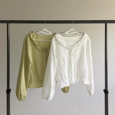 Lovely Crop Frill Blouse with Ribbon String, Thin Long Sleeve, Delicate Fit, Wedding Guest Look