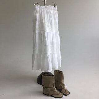 Hepburn Lace Long Skirt, Frill Elastic Skirt, Resort Vacation Maxi Long, Tall Woman