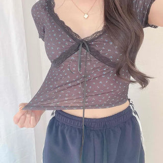 Ribbon Front String Fitted Dot Short Sleeve T-shirt