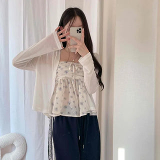 Shirred Ribbon Strap Loose Fit Flower Sleeveless Blouse