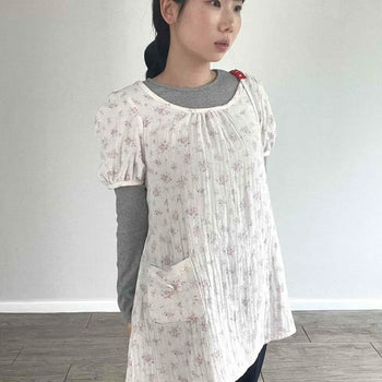 Button Flower A-line Loose Fit Short Sleeve Mini Dress