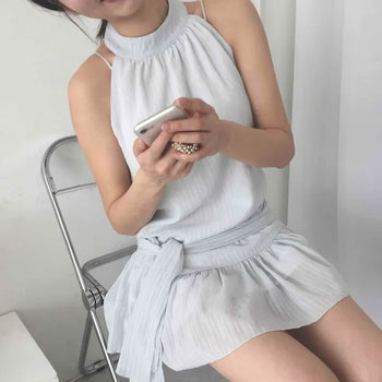 Shirred Ribbon Zipper Striped Sleeveless Mini Dress