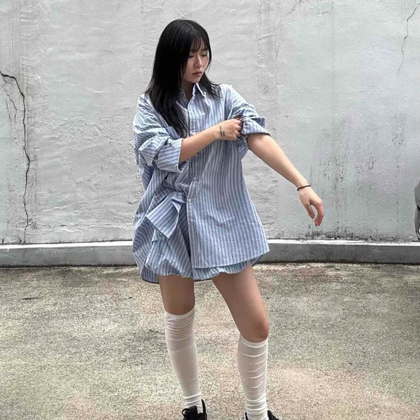Oversized Striped Button-Down Daily Long-Sleeve Shirt