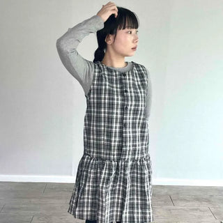 Button Shirred Ribbon Check Tiered Sleeveless