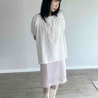 Shirred String Plain Loose Fit Short Sleeve Blouse