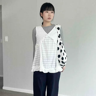Dot Check Layered Loose Fit Long Sleeve Blouse