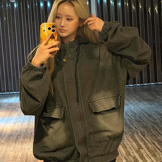 Oversized Plain Washed Hooded Full-Zip Jacket