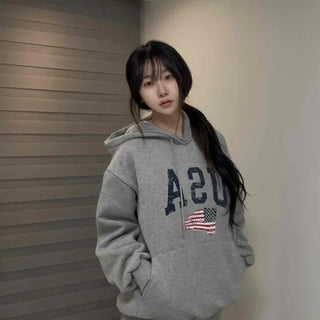 Lettering Print String Oversized Long Sleeve Hoodie