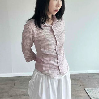Frill Check Button-Down 3/4 Sleeve Slim Fit Shirt