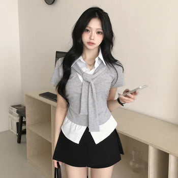 Feminine Mood, Striped Shirt with Integrated Tie Strap and Side Shirring Layered Short Sleeve T-shirt