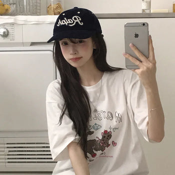 Adorable, Lovely Cat Print Round Neck Boxy Loose Fit Short Sleeve T-shirt