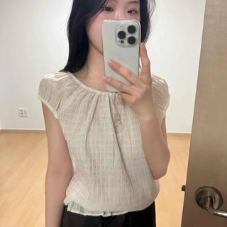 Shirred Frill Plain Cap Sleeve Loose Fit Blouse