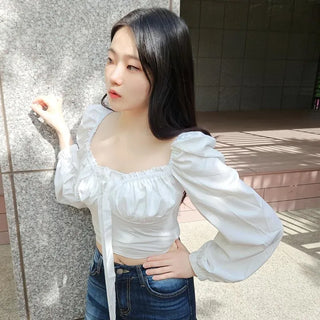 Shirred Fitted Plain Daily Long Sleeve Blouse