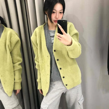 Boxy Fit Plain Button V-Neck Short Cardigan