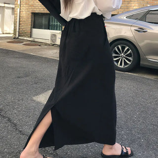 Motte Women's H-Line Back-Elastic Rayon Spring/Summer Slit Long Maxi Skirt