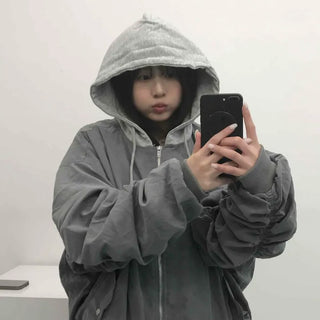 Oversized Plain Full-Zip Short Shirred Jumper