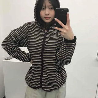 Loose Fit Striped Zipper Full-Zip Hoodie