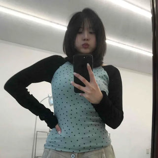 Regular Fit Star Pattern Contrast Round Neck Raglan Sleeve Long Sleeve T-shirt