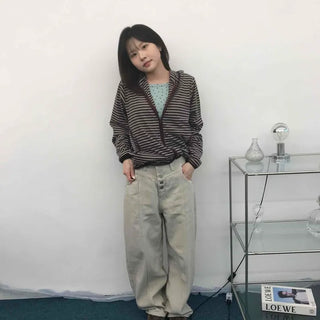 Loose-fit Washed Button-up Wide Long Pants