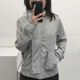 Loose Fit Plain High-Neck Full-Zip Long Sleeve Zip-Up