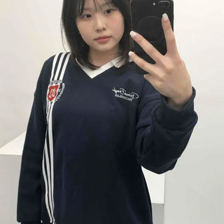 Oversized Lettering Contrast V-Neck Long Sleeve Sweatshirt