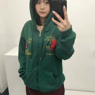 Loose-fit Lettering Zipper Hoodie Long Sleeve Zip-up