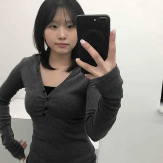 Slim Fit Plain Button V-Neck Long Sleeve Hoodie