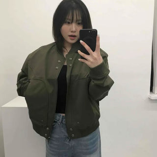 Oversized Plain Zipper Flap Pocket Full-Zip Short Jumper