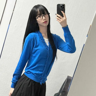 Regular Fit Plain Wave Button V-Neck Long Sleeve Cardigan