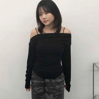 Slim Fit Plain Off-Shoulder Long Sleeve T-Shirt