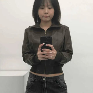 Loose-fit Plain Zipper Flap Pocket Full-zip Short Jacket