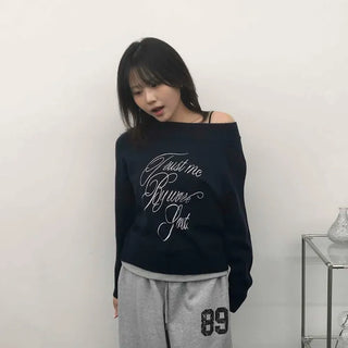 Oversized Lettering Off-Shoulder Long Sleeve