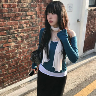 Deep V-Neck Layered Long Sleeve T-Shirt