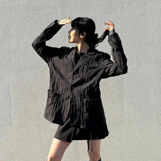 Oversized Shirred Short-length Plain Long-sleeve Jacket